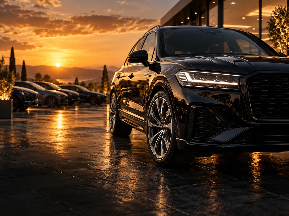 Illustrative Fahrzeugaufnahme eines schwarzen SUV im Abendlicht